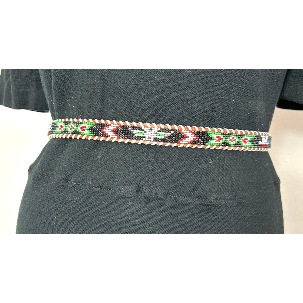 90s Cowhide Leather Hand Beaded & Laced Belt Size 28 Skinny Brown WhipStitch NEW